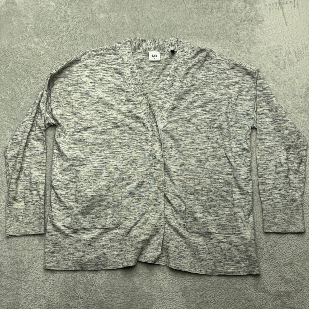 Cabi Cardigan Womens Medium Grey Space Dye Open Front Knit Patch Pockets Sweater